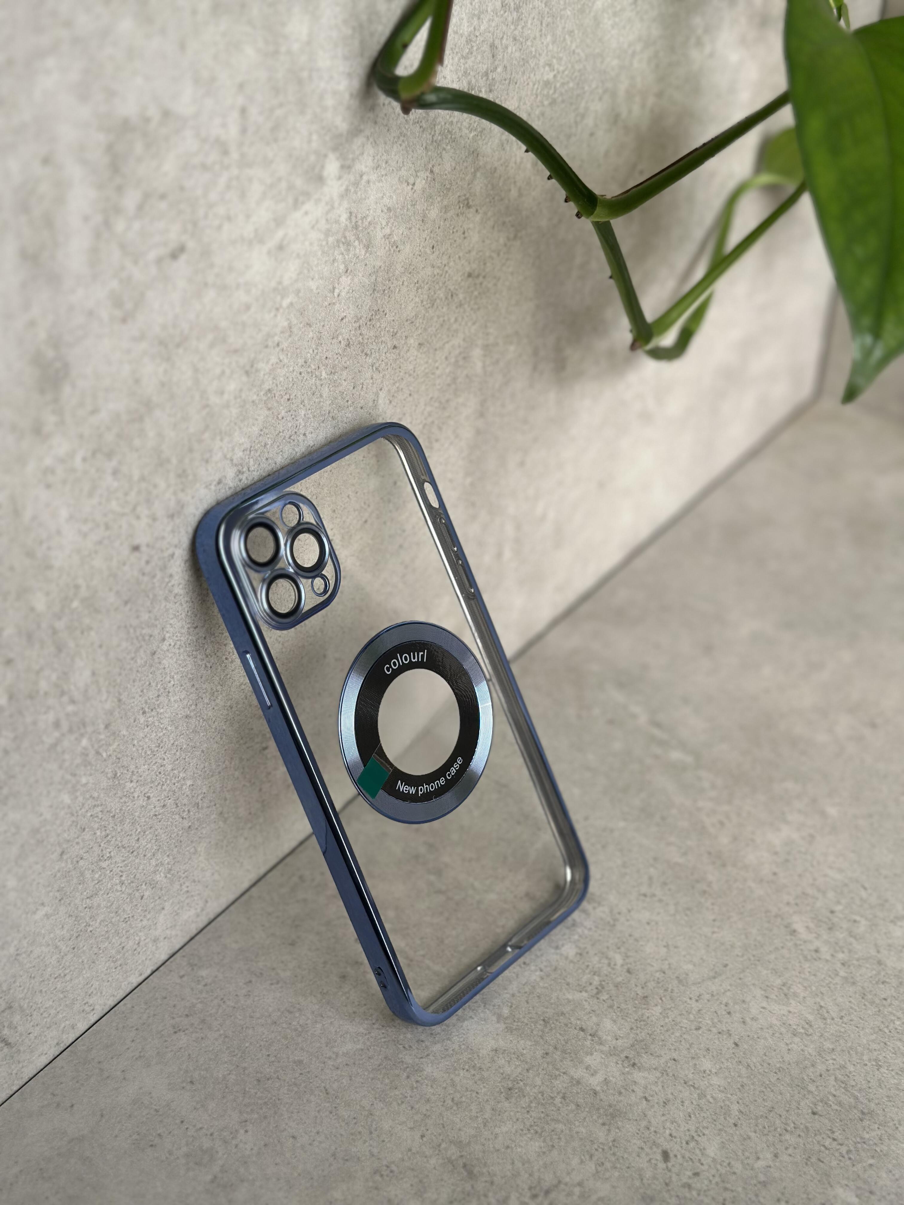 محافظ آیفون شفاف با فریم فلزی آبی مگسیفدار