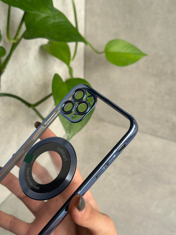 محافظ آیفون شفاف با فریم فلزی آبی مگسیفدار