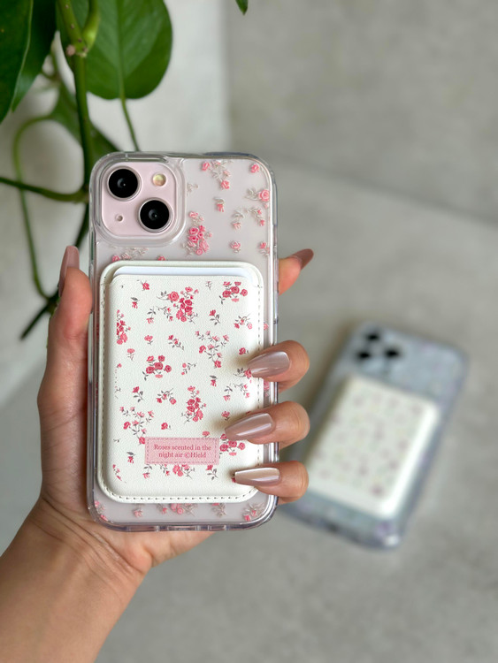 قاب آیفون همراه با جاکارتی چرمی مگسیف | طرح گلریز رنگی