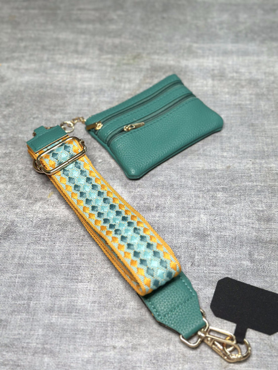 بند لنیارد چرمی سبز آبی با قلاب فلزی و دوخت ظریف